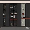 Modern Dark Wine Cabinet Design With Glass Doors Wine Bottles Decorative Items And Lighting