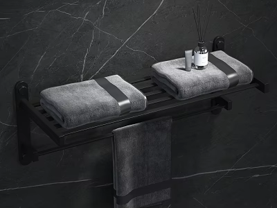 Modern Bathroom Accessories Black Towel Rack On Marble Wall With Gray Towels And Aromatherapy Diffuser 3d model