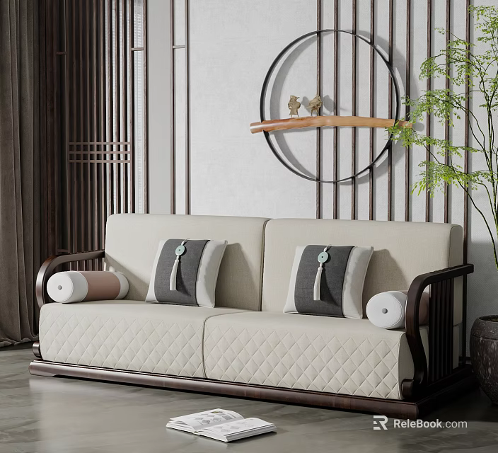 Beige Double Sofa With Black Tassel Cushions And Wooden Arms In Chinese Style 3d model 