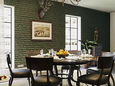 Classic Dining Table Set With Green Brick Wall Deer Head Decor Chandelier And Fruit 3d model