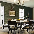 Classic Dining Table Set With Green Brick Wall Deer Head Decor Chandelier And Fruit