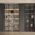 Modern Elegant Bookcase With Open Glass Doors Marble Back Panel And Decorative Ornaments Books