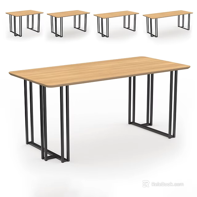 Modern Minimalist Rectangular Dining Table Set With Wooden Tabletop And Black Metal Legs 3d model