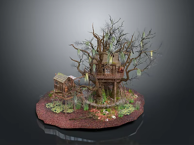 Detailed Miniature Treehouse Model With Small Cabin Moss Vines Branches And Base 3d model