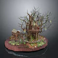 Detailed Miniature Treehouse Model With Small Cabin Moss Vines Branches And Base