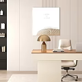 Modern Desk with Wooden Top Laptop Lamp Green Plant White Chair Window View and Bookshelf