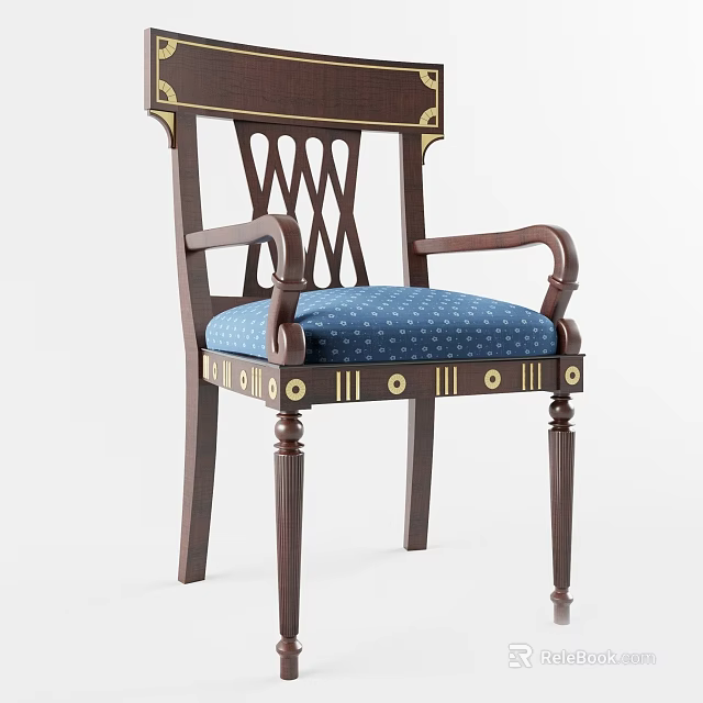 Vintage Wooden Dining Chair With Crossed Lattice Backrest Blue Polka Dot Cushion And Armrests 3d model 