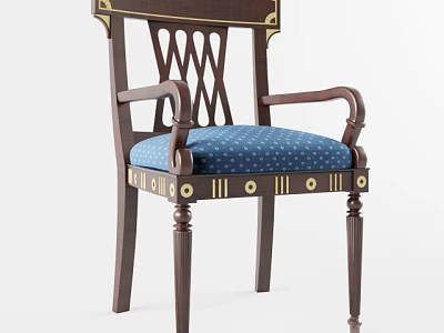 Vintage Wooden Dining Chair With Crossed Lattice Backrest Blue Polka Dot Cushion And Armrests 3d model