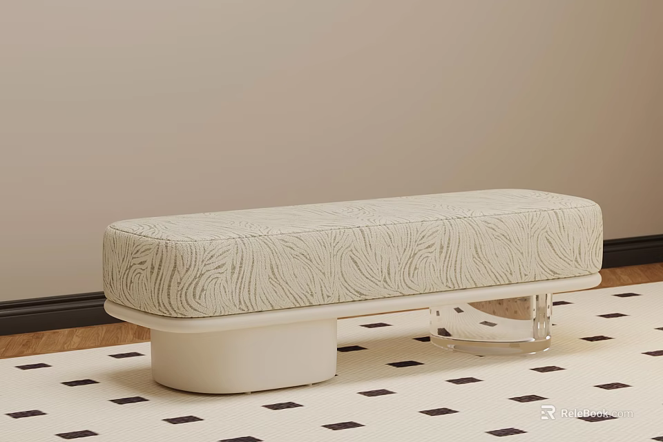 Upholstered Bench With Textured Fabric White Base And Transparent Acrylic Supports On Checkered Rug 3d model 