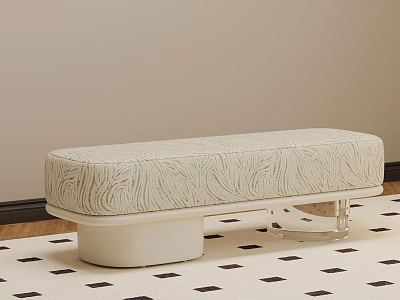 Upholstered Bench With Textured Fabric White Base And Transparent Acrylic Supports On Checkered Rug 3d model