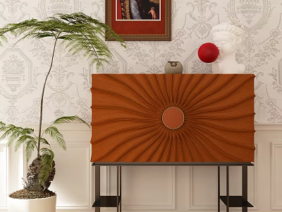 Orange Radiant Sideboard With Circular Accent White Sculpture Red Ball Green Plant Patterned Wallpaper Background 3d model