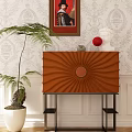 Orange Radiant Sideboard With Circular Accent White Sculpture Red Ball Green Plant Patterned Wallpaper Background