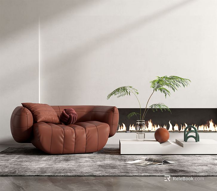 Modern Brown Cozy Armchair Interior Design With Fireplace Green Plant And Rug 3d model 