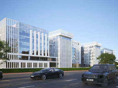 Modern Office Building With Glass Facade And White Panels Near Road With Cars And Trees 3d model