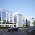 Modern Office Building With Glass Facade And White Panels Near Road With Cars And Trees
