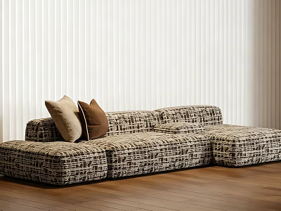 Modern Sectional Sofa With Plaid Pattern Brown Beige Cushions White Ribbed Wall Wooden Floor 3d model