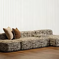 Modern Sectional Sofa With Plaid Pattern Brown Beige Cushions White Ribbed Wall Wooden Floor