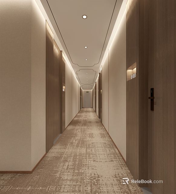 Modern Hotel Corridor Interior With Wooden Walls Textured Carpet Room Doors And Ceiling Lights 3d model 