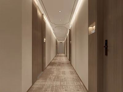 Modern Hotel Corridor Interior With Wooden Walls Textured Carpet Room Doors And Ceiling Lights 3d model