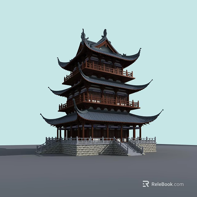 Traditional Chinese Multi story Pagoda With Curved Eaves Wooden Structure And Stone Base 3d model 