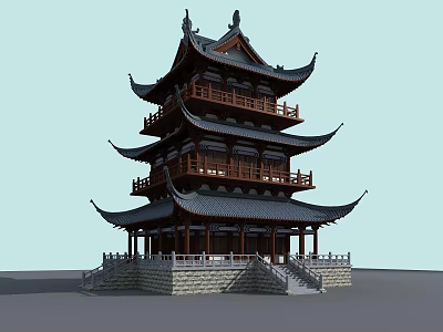 Traditional Chinese Multi story Pagoda With Curved Eaves Wooden Structure And Stone Base 3d model