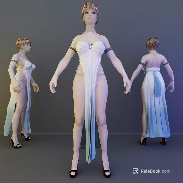 Game Movie Character In White Blue Gradient Sling Dress With Arm Straps Necklace High Heels 3d model 