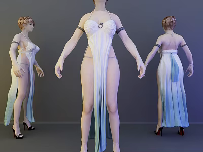 Game Movie Character In White Blue Gradient Sling Dress With Arm Straps Necklace High Heels 3d model