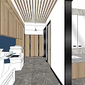 Modern Public Toilet Interior With Wooden Cabinets Marble Walls And Washbasins