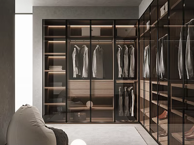 Modern Walk in Closet Design With Glass Door Wardrobes Hanging Clothes And Storage Shelves 3d model