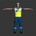 Man Standing in Yellow Reflective Vest Blue Work Uniform Cap Headphones With Arms Outstretched