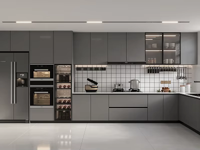 Modern Gray Kitchen Interior Featuring Integrated Appliances White Tile Backsplash And LED Strip Lighting 3d model