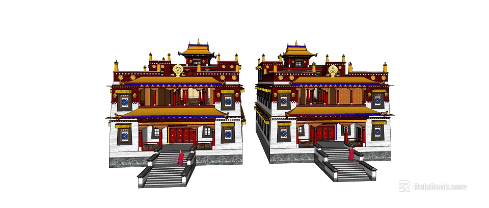 Traditional Ancient Building With Symmetric Design Golden Roof Red Columns And Stone Steps 3d model 