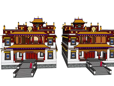 Traditional Ancient Building With Symmetric Design Golden Roof Red Columns And Stone Steps 3d model