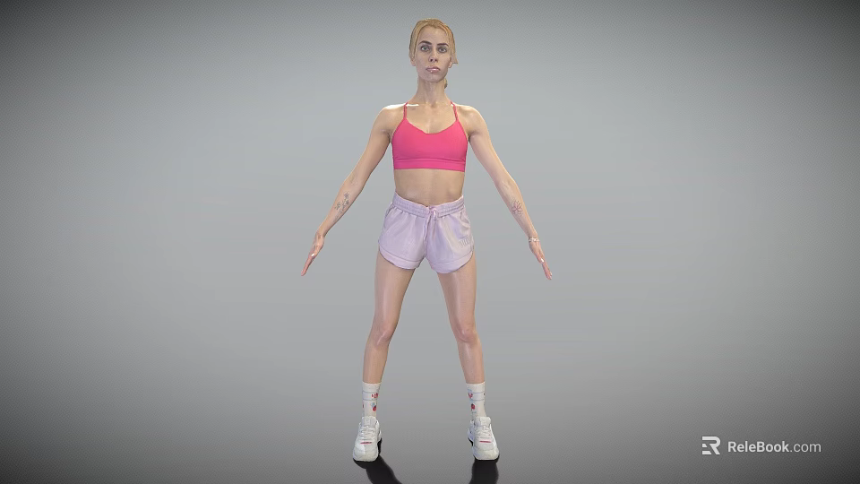 Woman Wearing Pink Sports Bra Light Purple Shorts White Socks And Sneakers Fitness Pose 3d model 