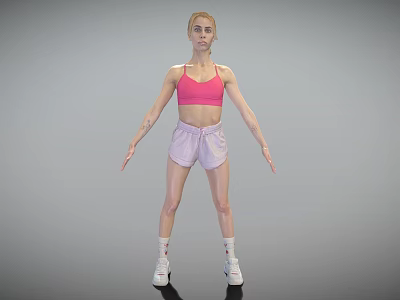 Woman Wearing Pink Sports Bra Light Purple Shorts White Socks And Sneakers Fitness Pose 3d model