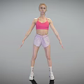 Woman Wearing Pink Sports Bra Light Purple Shorts White Socks And Sneakers Fitness Pose