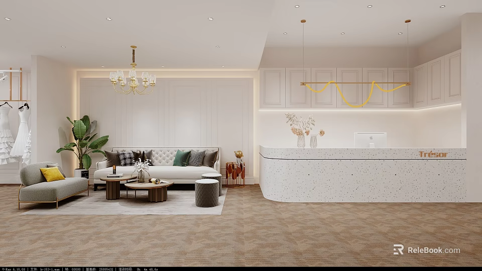 Modern Clothing Store Interior With Sofa Seating Cashier Counter And Hanging Lights 3d model 