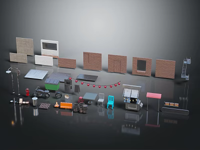 Diverse Scene Components Featuring Bricks Windows Doors Street Lamps Trolleys Tables Chairs and Ladders 3d model