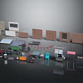 Diverse Scene Components Featuring Bricks Windows Doors Street Lamps Trolleys Tables Chairs and Ladders