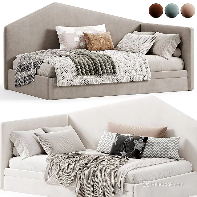 Cozy Upholstered Kids Bed with Multiple Pillows Star Pattern Cushion and Soft Blanket 3d model 