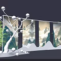 Oriental Decorative Screen With Mountain Landscape Pattern White Tree And Green Bamboo In Black Background 3d model