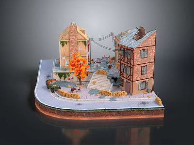 Miniature Outdoor Scene With Brick Buildings Suspension Bridge Orange Tree And Paved Ground 3d model