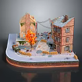 Miniature Outdoor Scene With Brick Buildings Suspension Bridge Orange Tree And Paved Ground
