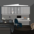 Modern Tatami Bedroom Interior Design With Gray Bed Blue Chair Desk And Large Window