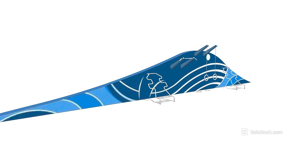 Blue Feature Wall with White Wave Patterns and Lion Head Design Elements 3d model