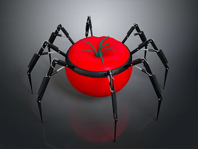 Red Tomato Shaped Object With Black Mechanical Spider Legs On Gray Surface 3d model