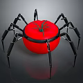 Red Tomato Shaped Object With Black Mechanical Spider Legs On Gray Surface