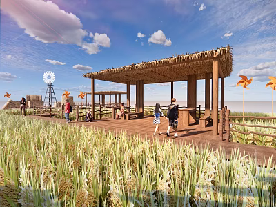 Scenic Reed Field With Wooden Boardwalk Thatched Pavilion Windmill People Walking And Blue Sky 3d model