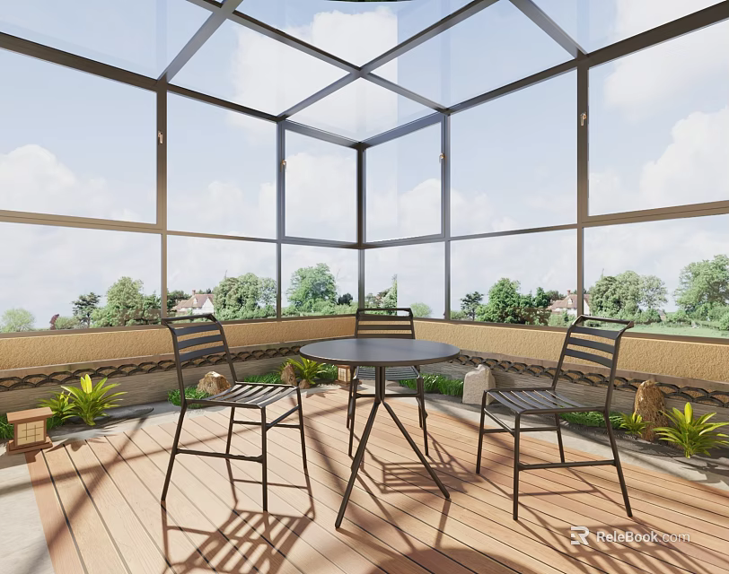 Villa Balcony with Glass Roof Wooden Flooring Round Table Black Chairs and Green Plants 3d model 