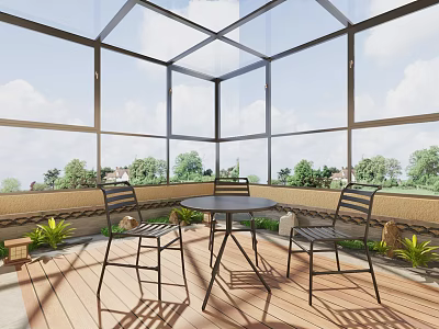 Villa Balcony with Glass Roof Wooden Flooring Round Table Black Chairs and Green Plants 3d model